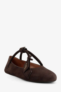Alaïa women’s le teckel brown suede ballet flats with tied strap detail and small leather tag