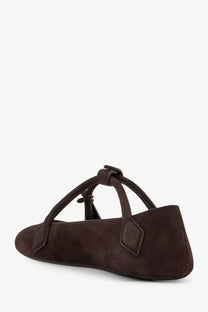 Alaïa women’s le teckel brown suede ballet flats with tied ankle strap and decorative leather tabs