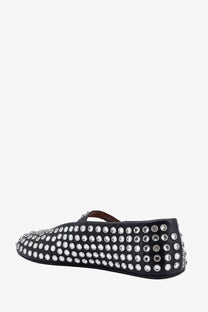Alaïa women’s black leather ballet flats with clear sparkling rhinestones on the toe and vamp