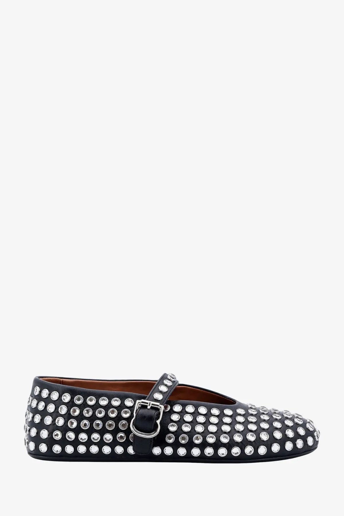 Alaïa women’s black leather mary jane flats with dense silver stud pattern on upper and strap