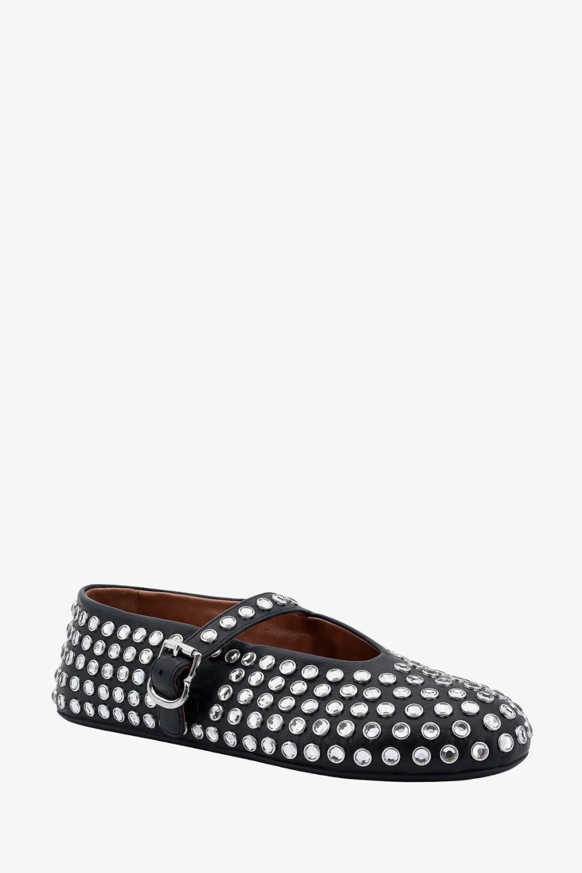 Alaïa women’s black leather mary jane flat shoe with silver studs and matching buckle detail