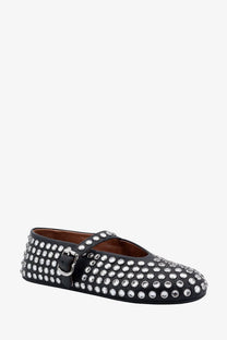 Alaïa women’s black leather mary jane flat shoe with silver studs and matching buckle detail