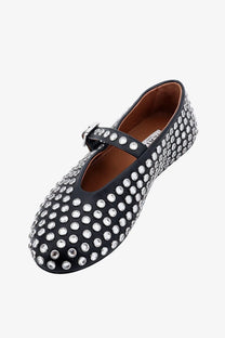 Alaïa women’s black leather mary jane ballet flats adorned with silver rhinestones for elegant wear