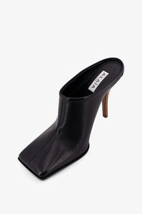 Alaïa women’s black leather mule sandals with square toe and wooden heel