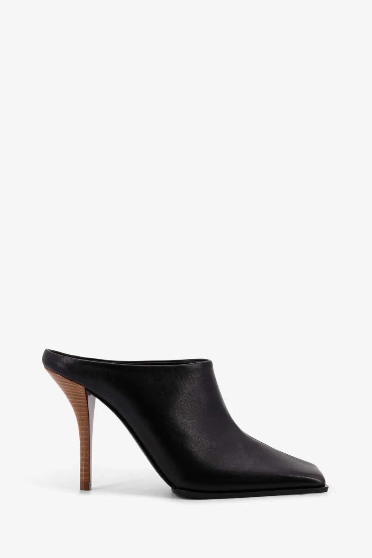 Alaïa women’s black leather mule sandal with wooden heel shown from the back side