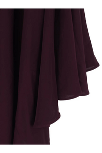 Alaïa women’s long asymmetrical viscose dress in red with a flowing deep burgundy chiffon skirt and subtle pleats