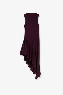 Alaïa women’s long asymmetrical sleeveless viscose dress in deep burgundy with flowing ruffled hemline
