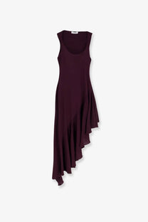 Alaïa women’s long sleeveless asymmetrical maroon viscose dress with a flowing layered skirt and soft draped fabric