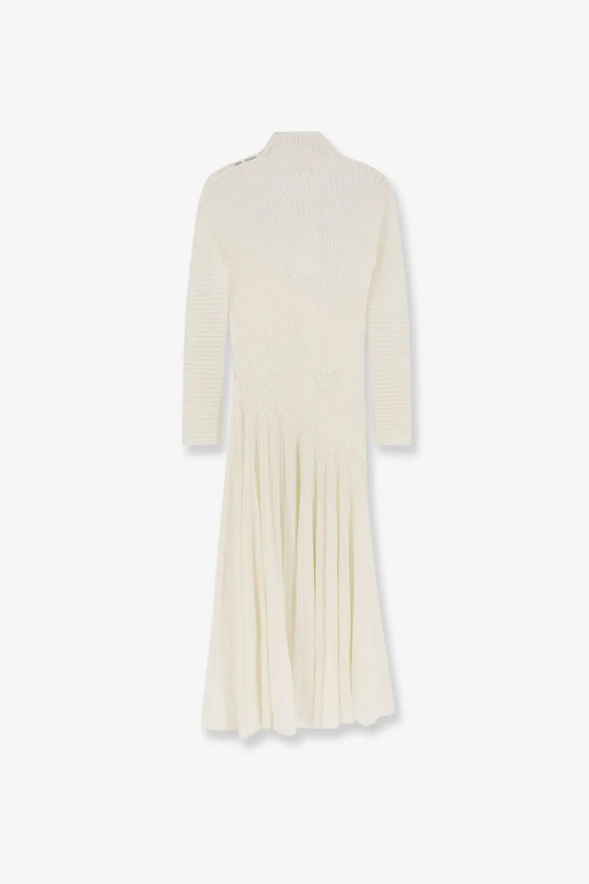 Cream-colored ribbed knit midi long wool dress with high neckline and pleated skirt by ALAÏA for women