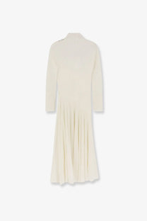 Cream-colored ribbed knit midi long wool dress with high neckline and pleated skirt by ALAÏA for women