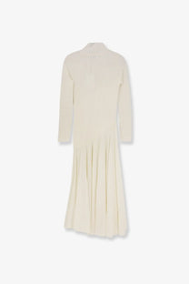 Alaïa women’s long wool dress white cream-colored ribbed knit midi with high neckline and flared skirt