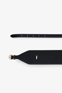 Alaïa women’s maxi leather belt black with gold-toned buckle and evenly spaced holes along the strap