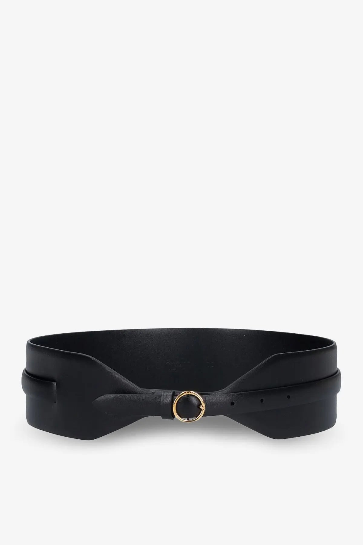 Alaïa women’s maxi leather belt black with gold toned circular buckle and bow like design at the center