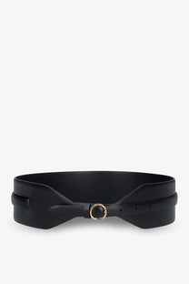 Alaïa women’s maxi leather belt black with gold toned circular buckle and bow like design at the center