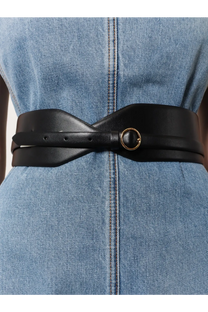 Alaïa women’s maxi leather belt in black with a sleek twisted design and gold-toned circular buckle
