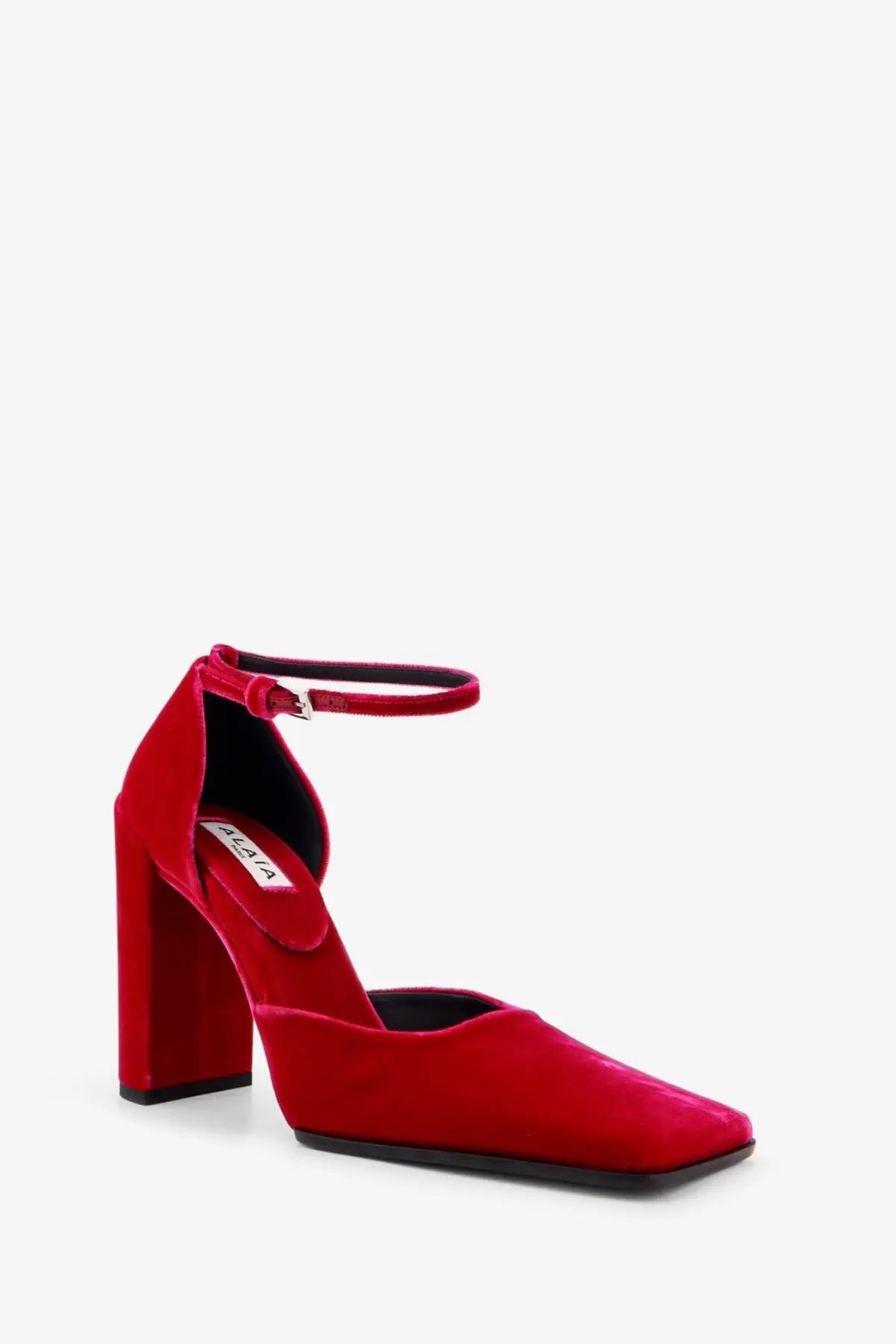 Alaïa women’s orsay velvet écolleté pink red velvet ankle-strap pump with square toe and block heel