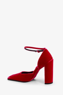 Alaïa women’s orsay red velvet high-heeled pump with chunky block heel and ankle strap in pink