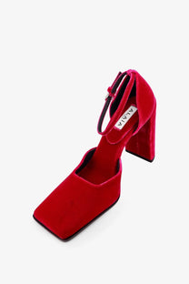 Alaïa women’s orsay velvet pink pump with red velvet square toe high heel and ankle strap showing inner brand name