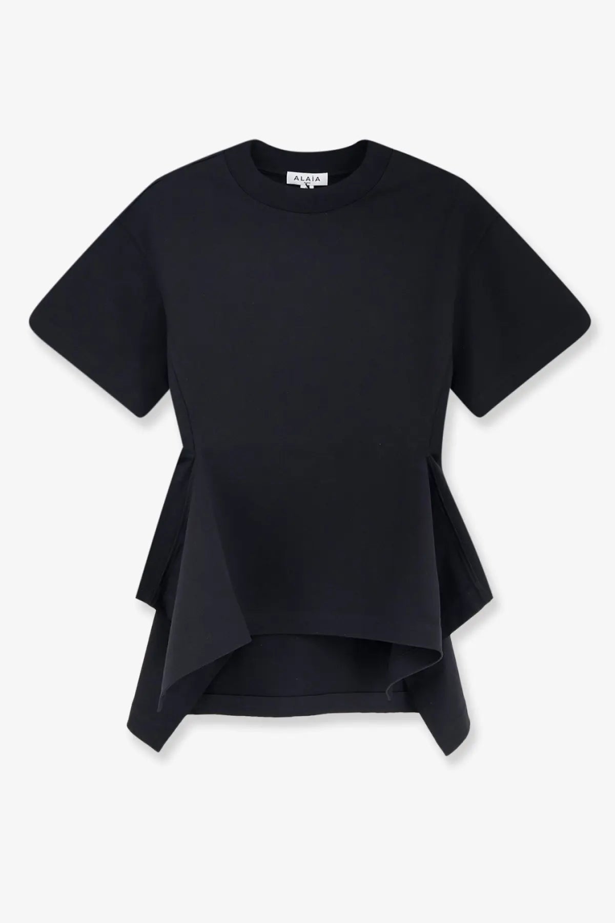 Alaïa women’s black paneled cotton shirt with short sleeves and a layered flared peplum hem
