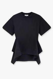 Alaïa women’s black paneled cotton shirt with short sleeves and a layered flared peplum hem