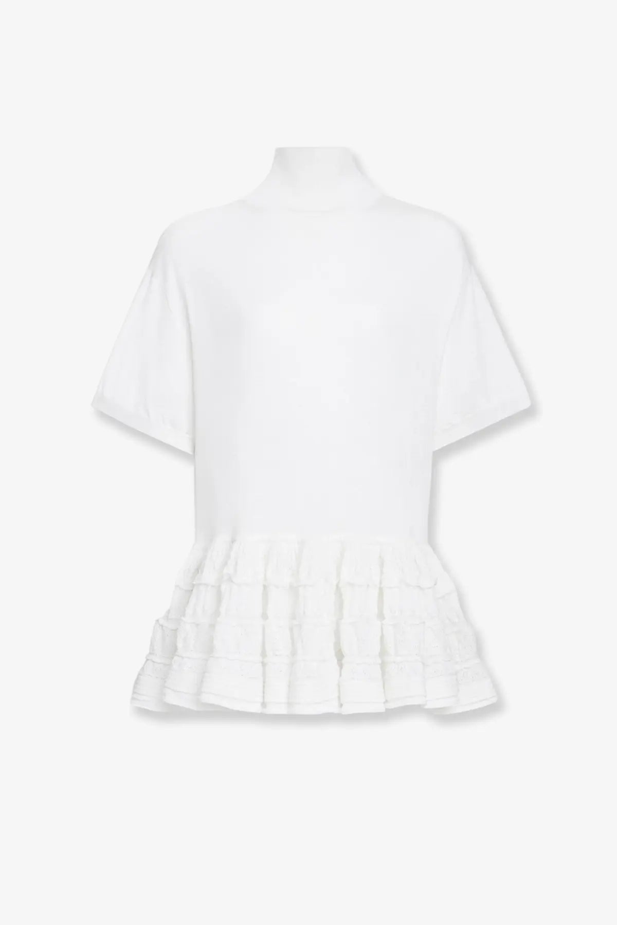 Alaïa women’s white virgin wool sweater with high neckline and tiered ruffle hem short sleeves