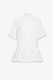 Alaïa women’s white virgin wool sweater with high neckline and tiered ruffle hem short sleeves