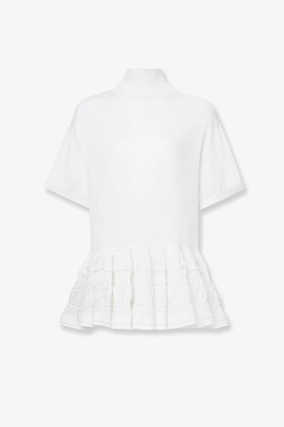 Alaïa women’s white peplum virgin wool sweater with short sleeves and a high neckline