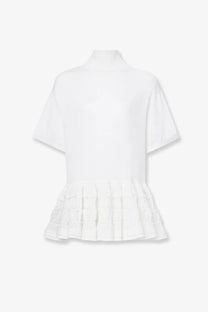 Alaïa women’s white peplum virgin wool sweater with short sleeves and a high neckline