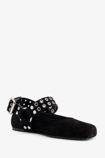 Alaïa women’s black suede mary jane flat shoe with strap featuring silver-toned eyelets and matching buckle