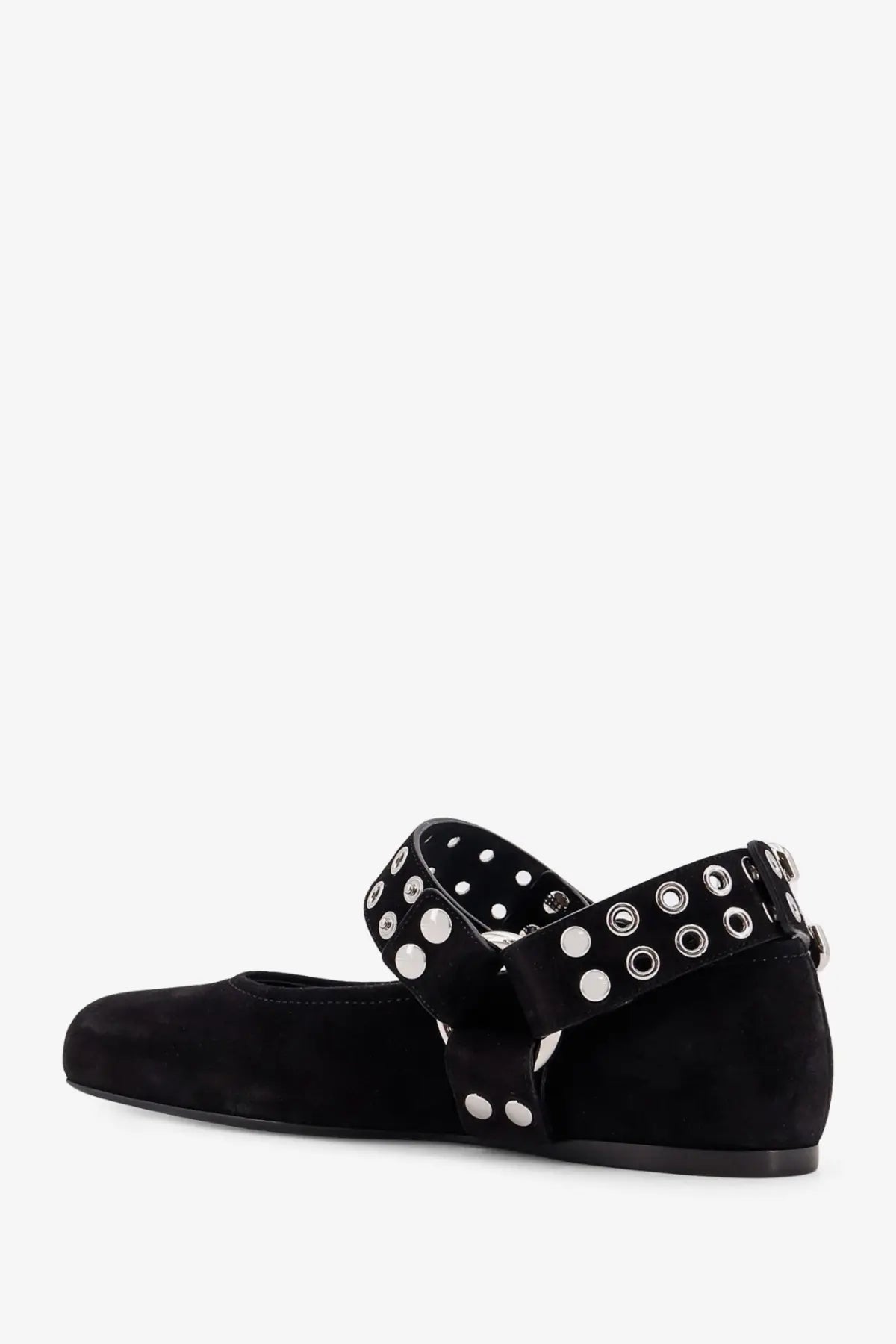 Alaïa women’s black suede mary jane flat shoe with silver-toned circular studs along the strap