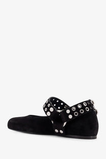 Alaïa women’s black suede mary jane flat shoe with silver-toned circular studs along the strap