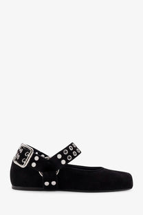 Alaïa women’s black suede mary jane flat shoe with silver buckle and circular stud detailing