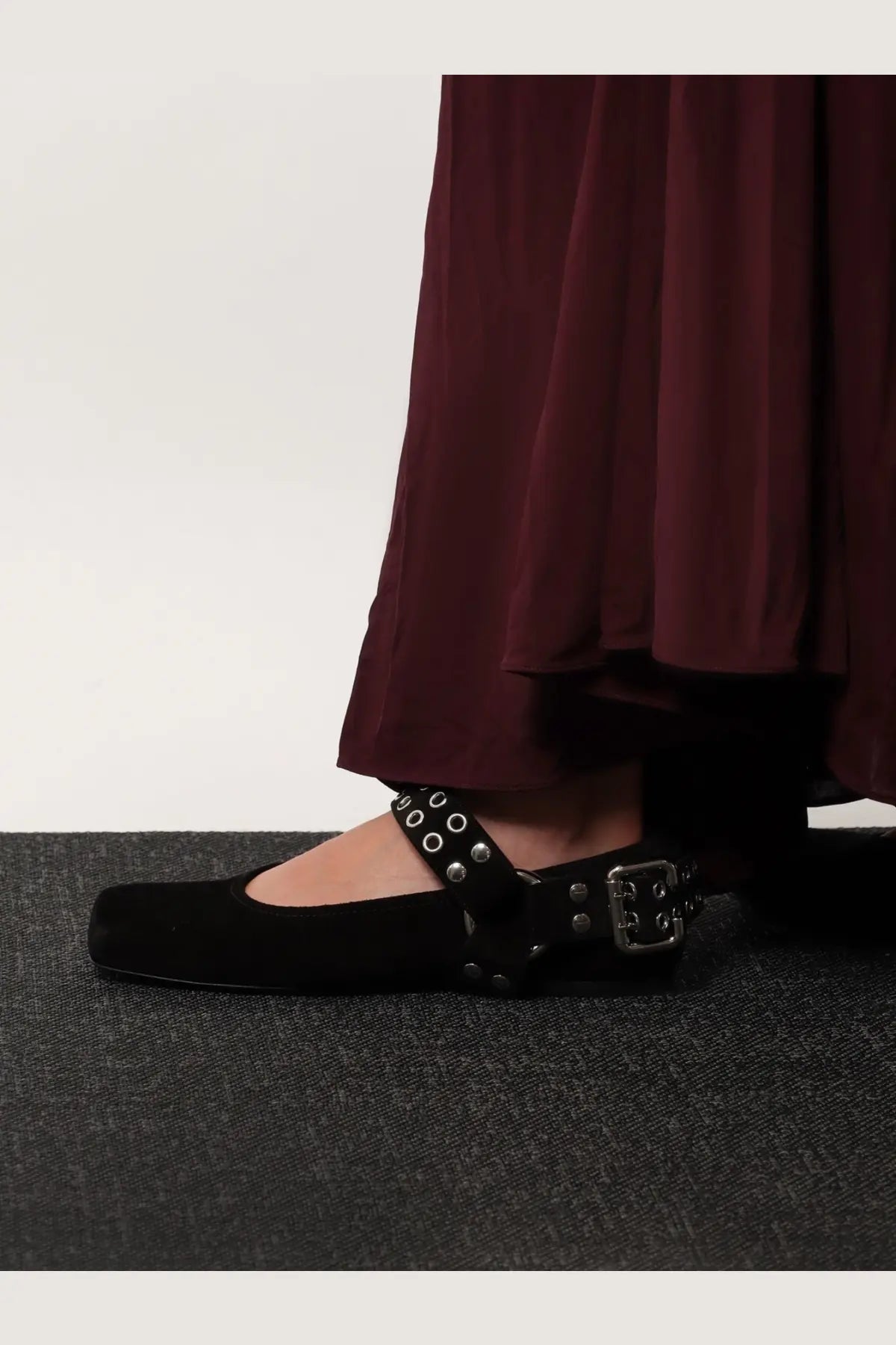 Alaïa women’s black suede mary jane flats with silver studs and buckle detail in a biker flat ballerina style