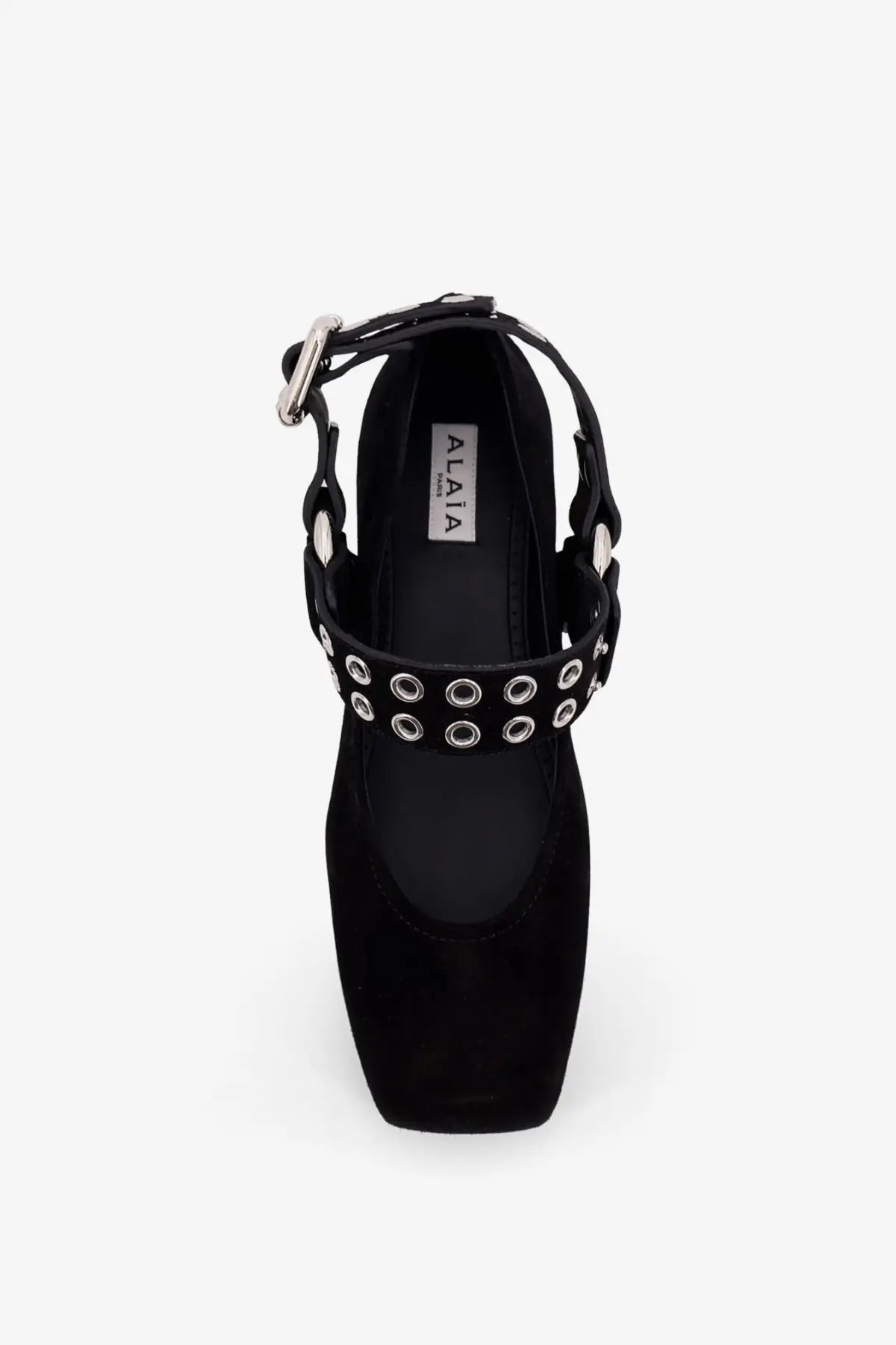 Alaïa women’s black suede platform pump with silver metal eyelets and buckle strap for stylish wear