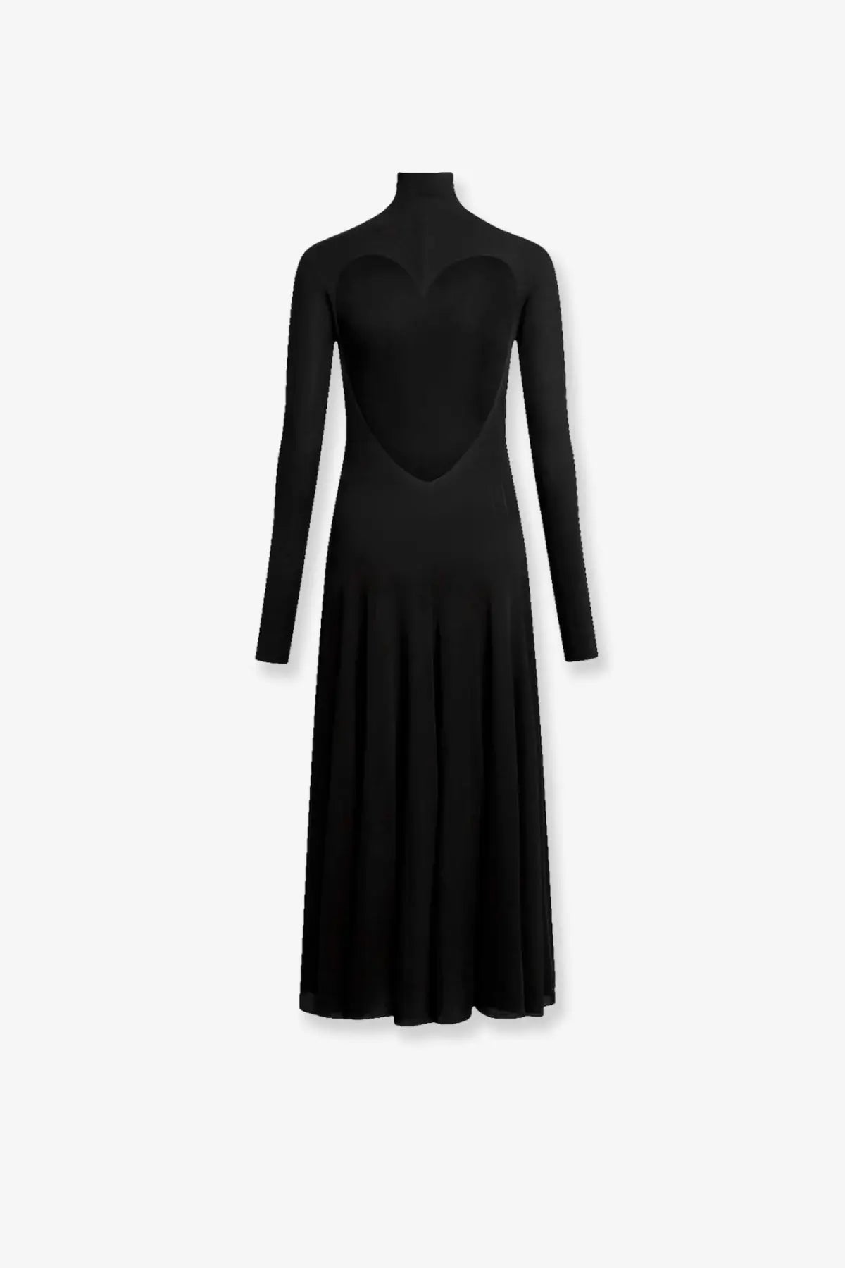 Alaïa women’s black viscose long dress with heart-shaped cutout at the back and high neckline shown from the back