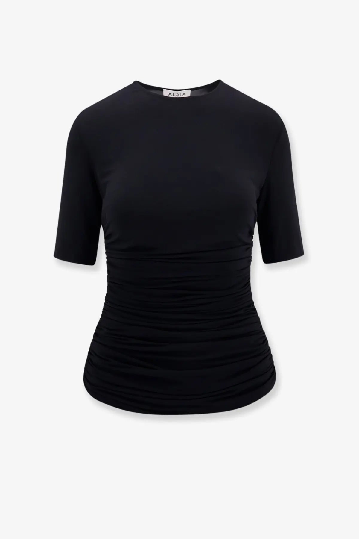 Alaïa women’s black viscose alaia ruched short sleeve top with fitted silhouette