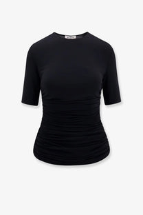 Alaïa women’s black viscose alaia ruched short sleeve top with fitted silhouette