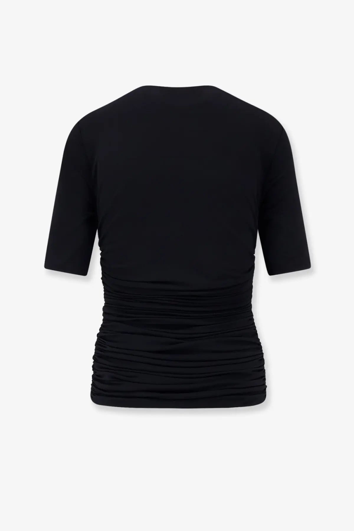 Alaïa women’s black viscose short-sleeve top with ruched details and fitted textured waistband