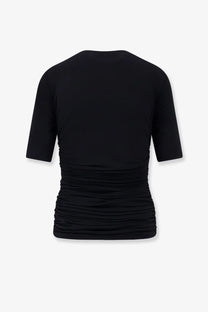 Alaïa women’s black viscose short-sleeve top with ruched details and fitted textured waistband