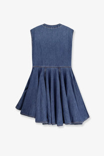 Alaïa women’s sleeveless wrap denim dress in black with fitted bodice and flared skirt in classic blue wash fabric