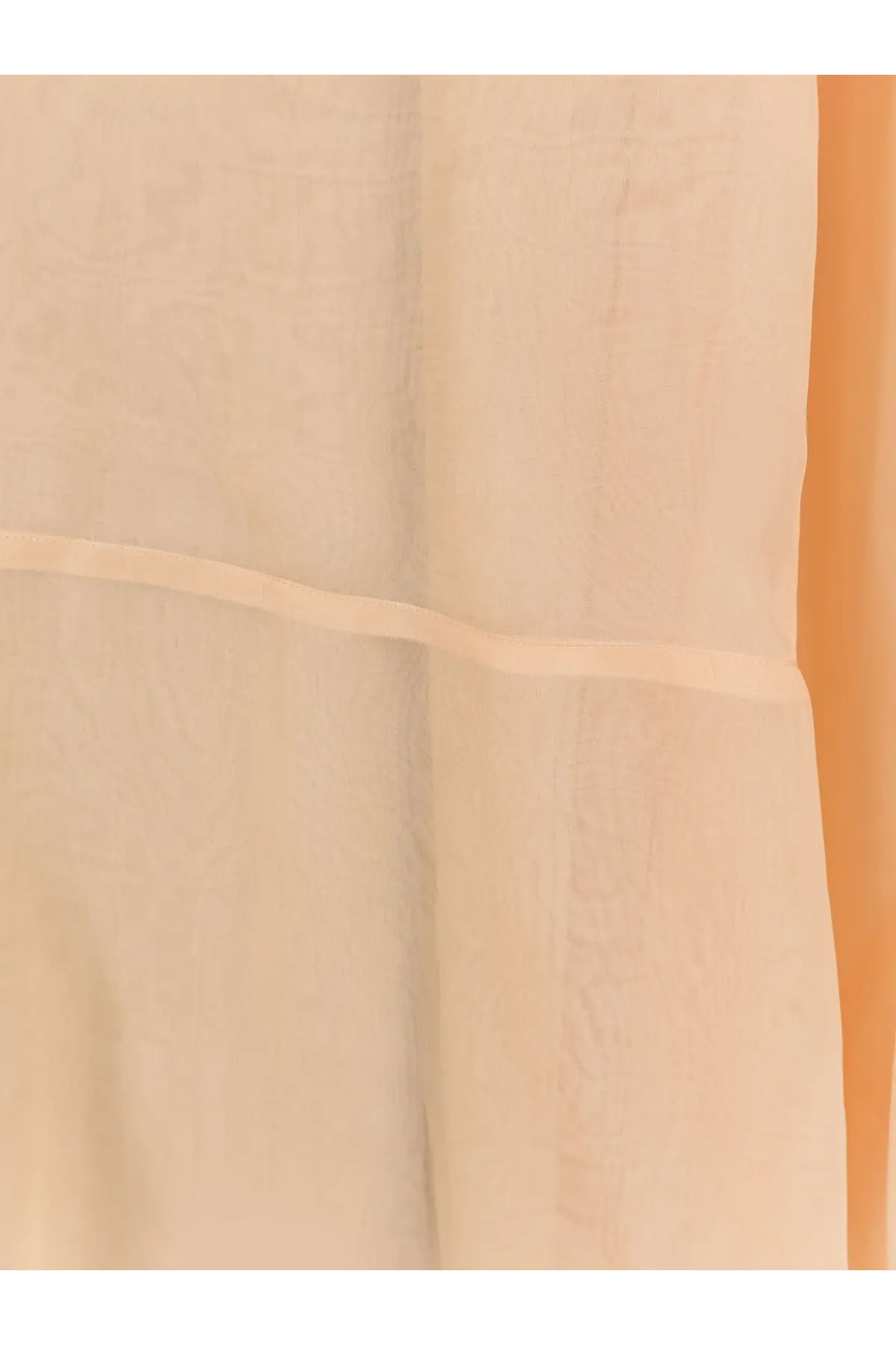 Beige linen curtain with subtle vertical pleats and matching fabric band across the middle for stylish window decor