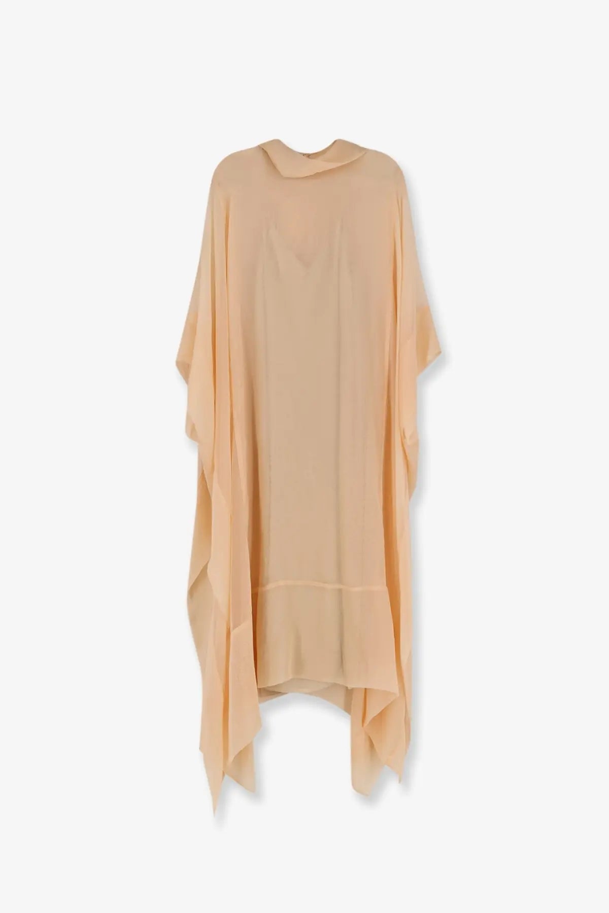 Alberta Ferretti women’s chiffon dress beige with flowing pale peach silk cape, draped collar, and asymmetrical hemline