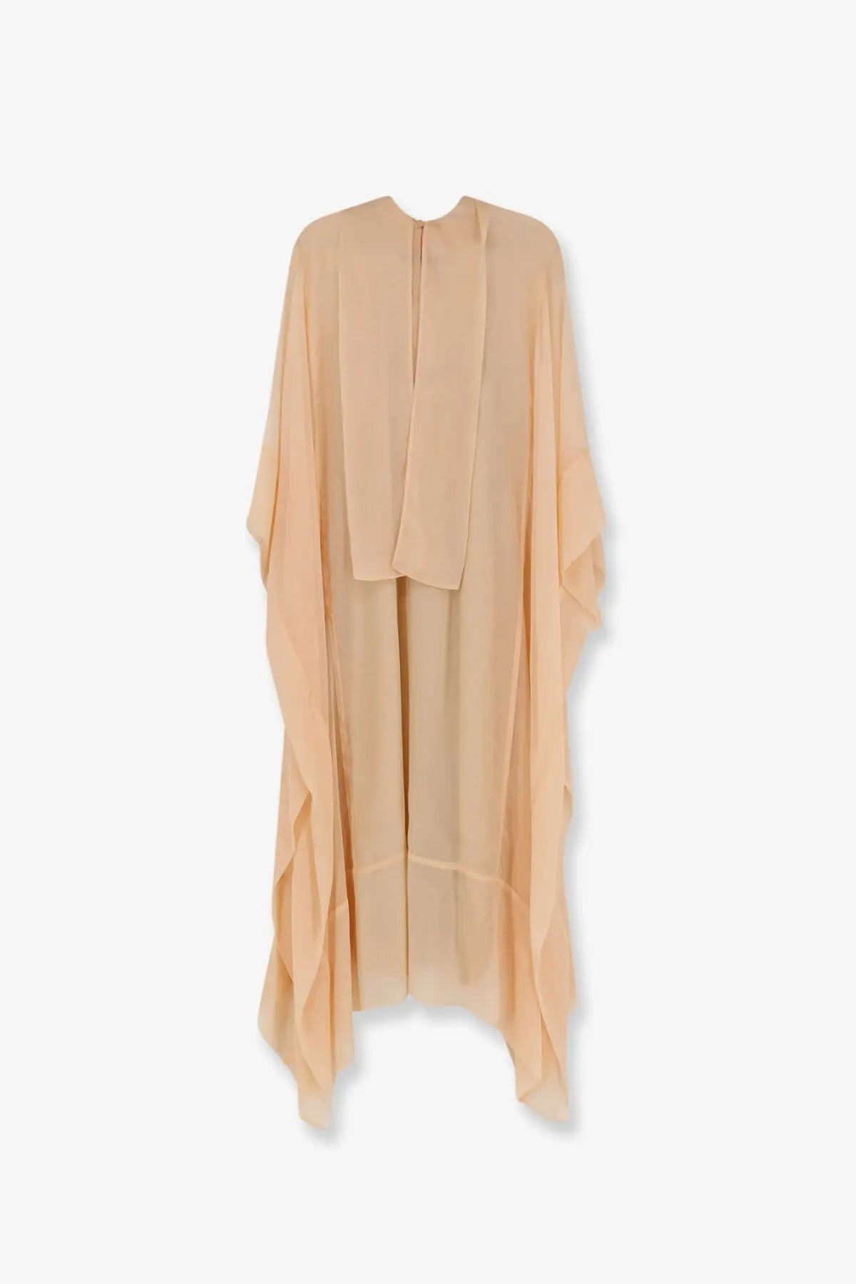 Alberta Ferretti women’s chiffon dress in beige featuring a flowing peach-colored chiffon cape with draped front and asymmetrical hemline