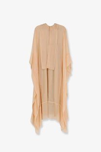 Alberta Ferretti women’s chiffon dress in beige featuring a flowing peach-colored chiffon cape with draped front and asymmetrical hemline