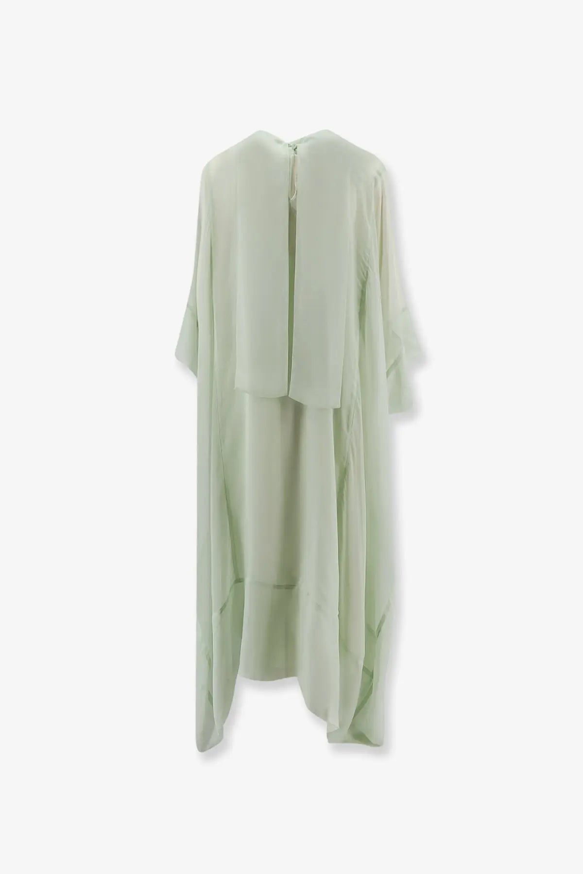 Alberta ferretti women’s chiffon dress in pale green silk with flowing fabric draped back and asymmetrical hemline visible
