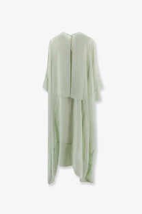 Alberta ferretti women’s chiffon dress in pale green silk with flowing fabric draped back and asymmetrical hemline visible