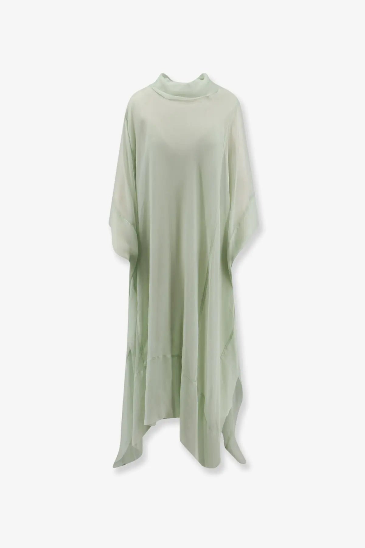 Alberta Ferretti women’s chiffon dress in pale green with a high neckline and asymmetrical hemline