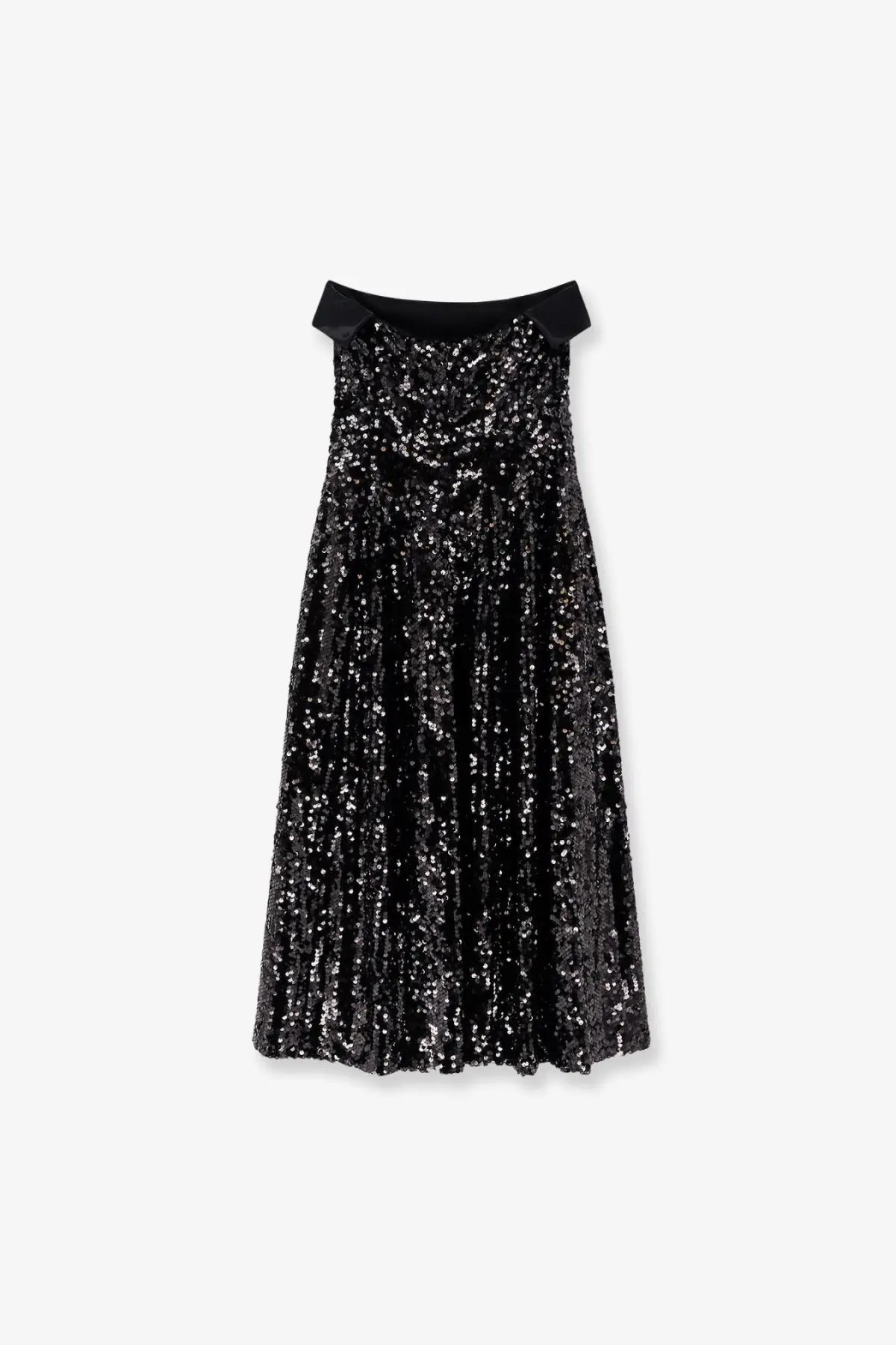 Alberta Ferretti women’s black midi dress with black sequins satin off-the-shoulder neckline and gathered waist