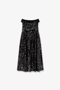 Alberta Ferretti women’s black midi dress with black sequins satin off-the-shoulder neckline and gathered waist