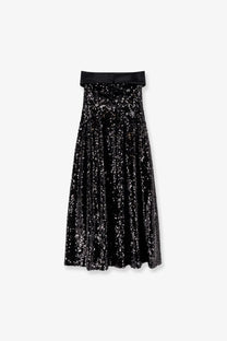 Alberta Ferretti women’s black dress featuring a black sequined midi skirt with a satin waistband